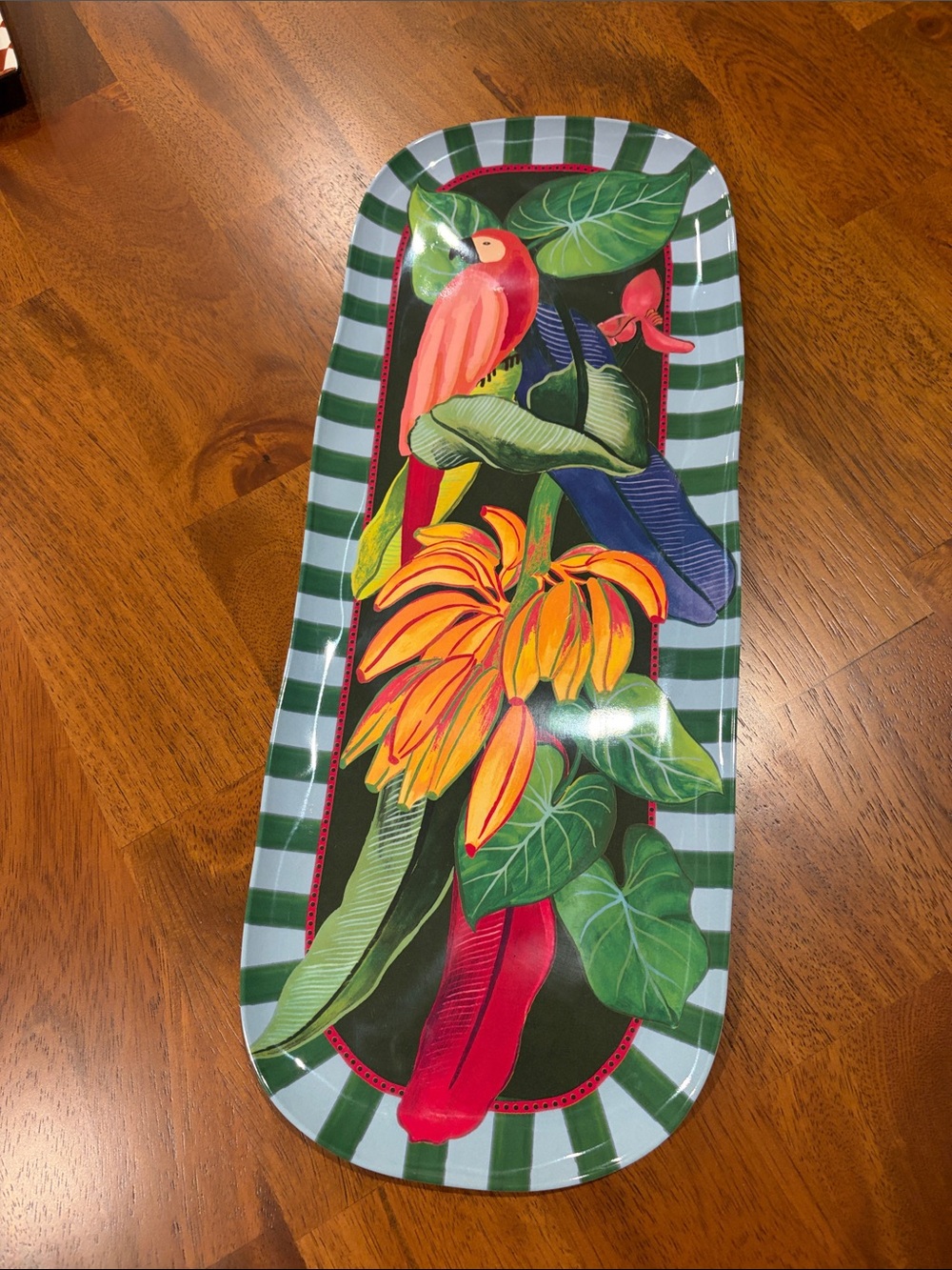 Anthropologie Tropical Parrot & Floral Long Serving Tray in Green and Orange